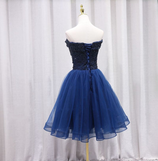 Fresh Off-Shoulder A-Line Birthday Dresses Beads Blue Tulle Homecoming Dress AP4653