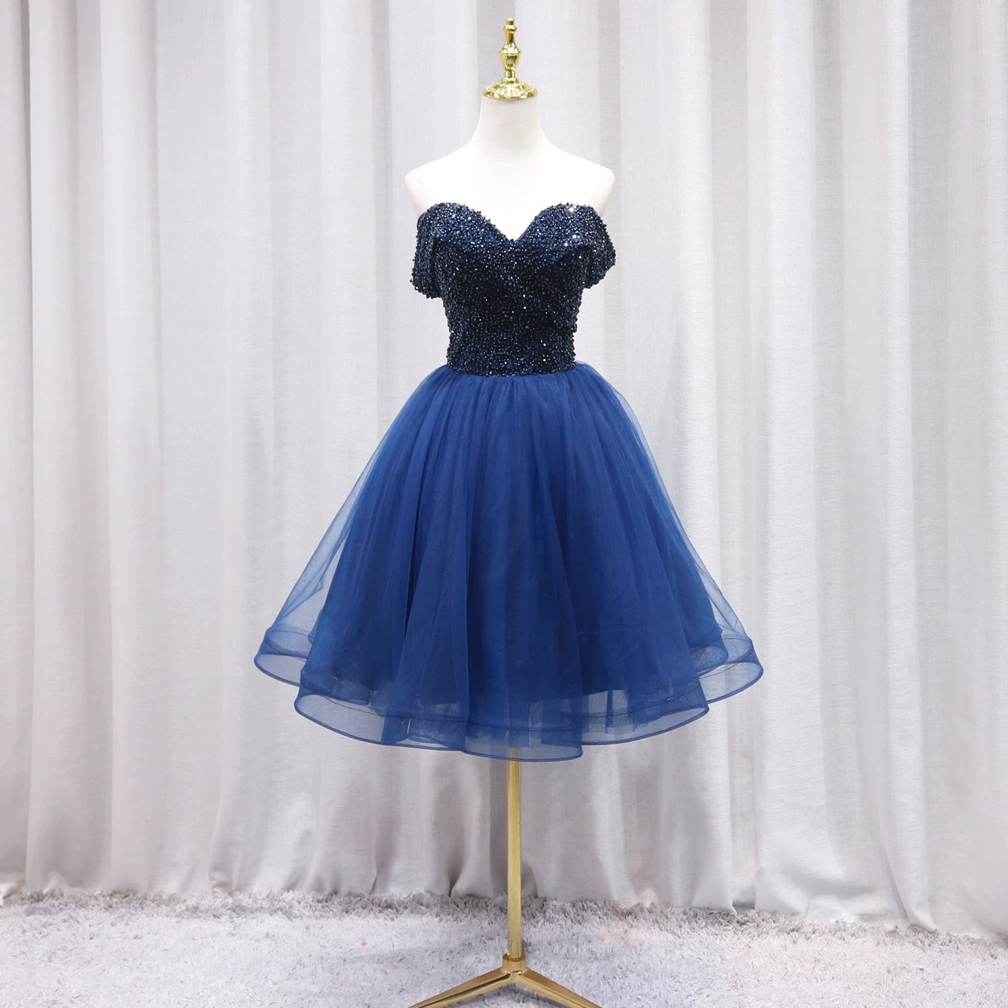 Fresh Off-Shoulder A-Line Birthday Dresses Beads Blue Tulle Homecoming Dress AP4653