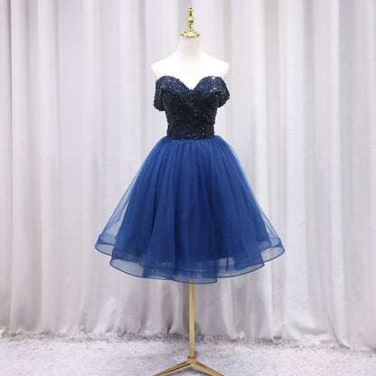 Fresh Off-Shoulder A-Line Birthday Dresses Beads Blue Tulle Homecoming Dress AP4653
