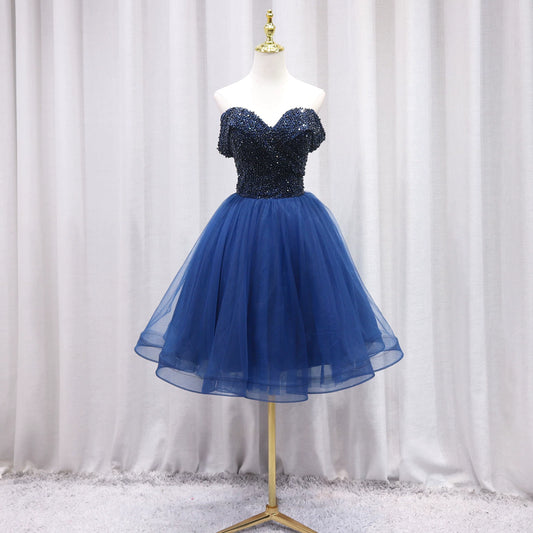 Fresh Off-Shoulder A-Line Birthday Dresses Beads Blue Tulle Homecoming Dress AP4653