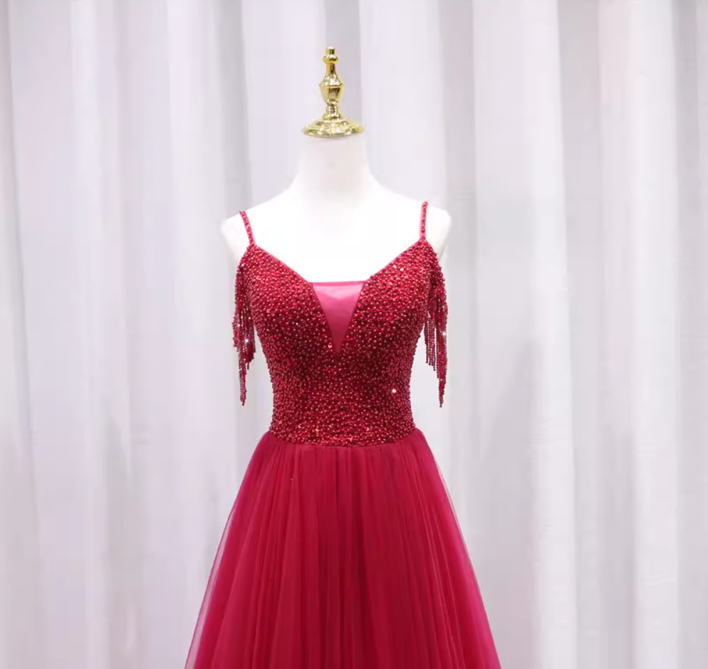 Romantic Off-Shoulder A-Line Sweet 16th Evening Gowns Beading Tassel Red Tulle Prom Dress AP4654