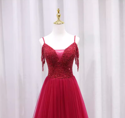 Romantic Off-Shoulder A-Line Sweet 16th Evening Gowns Beading Tassel Red Tulle Prom Dress AP4654