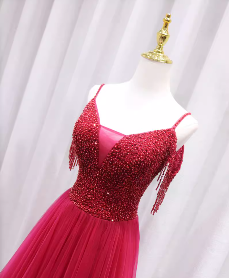 Romantic Off-Shoulder A-Line Sweet 16th Evening Gowns Beading Tassel Red Tulle Prom Dress AP4654