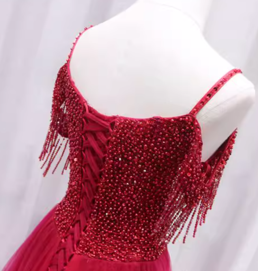 Romantic Off-Shoulder A-Line Sweet 16th Evening Gowns Beading Tassel Red Tulle Prom Dress AP4654