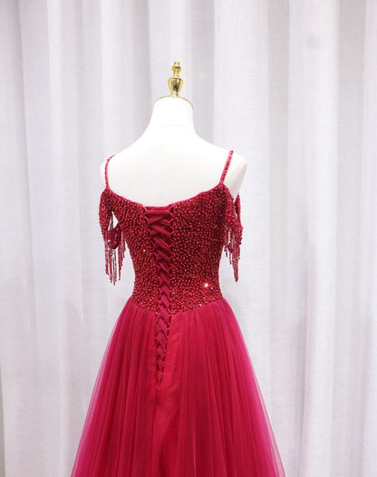Romantic Off-Shoulder A-Line Sweet 16th Evening Gowns Beading Tassel Red Tulle Prom Dress AP4654