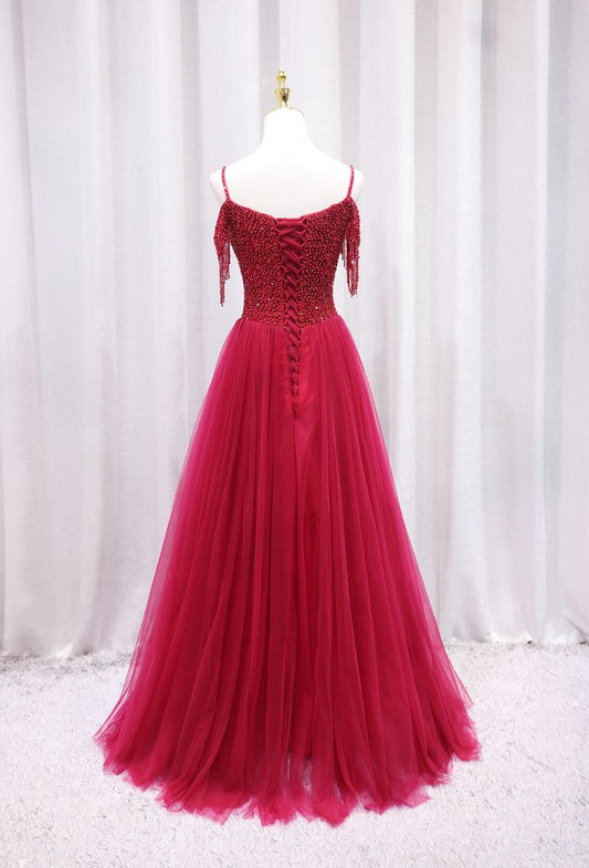 Romantic Off-Shoulder A-Line Sweet 16th Evening Gowns Beading Tassel Red Tulle Prom Dress AP4654