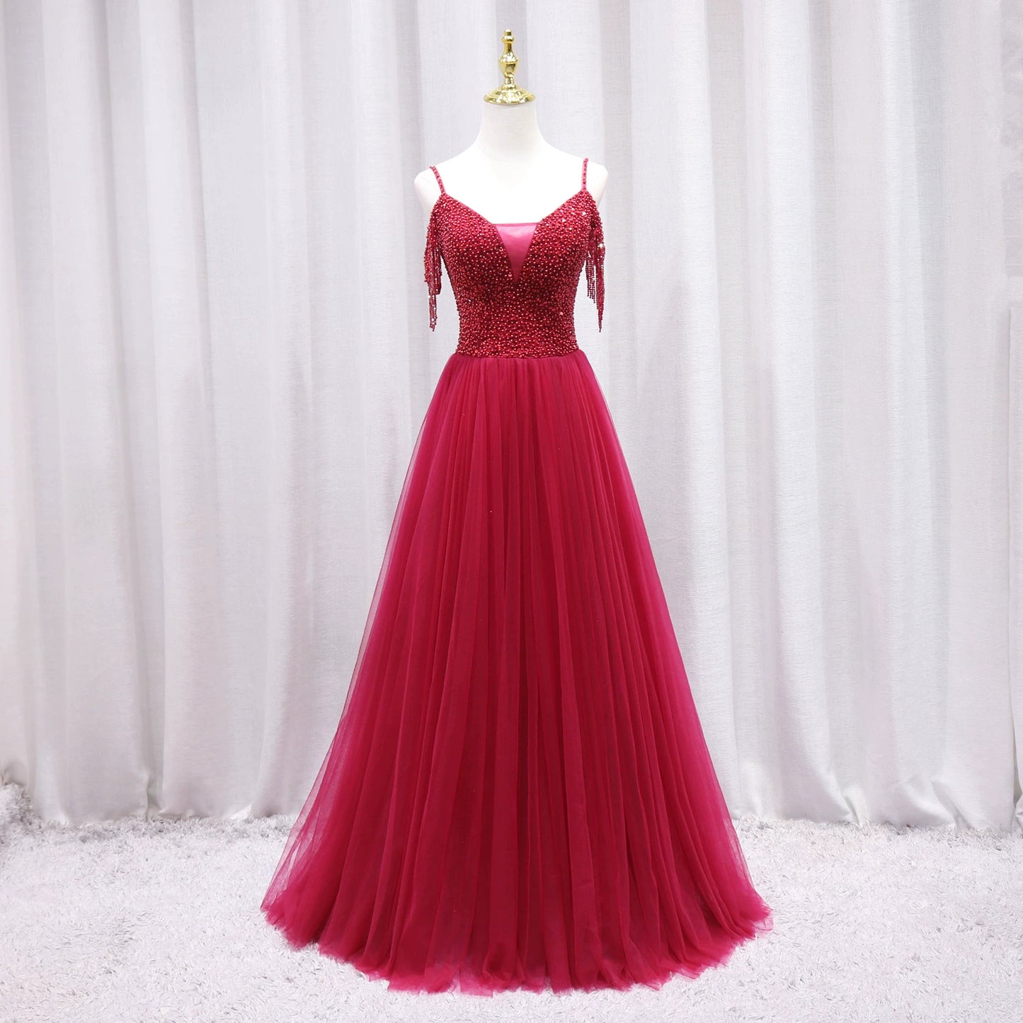 Romantic Off-Shoulder A-Line Sweet 16th Evening Gowns Beading Tassel Red Tulle Prom Dress AP4654