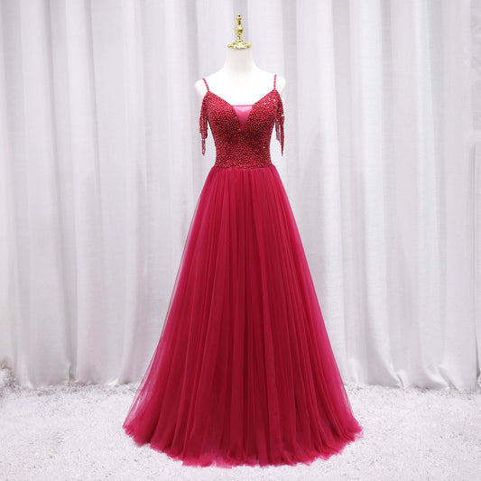 Romantic Off-Shoulder A-Line Sweet 16th Evening Gowns Beading Tassel Red Tulle Prom Dress AP4654