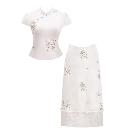 Fabulous Short Sleeve 2-Piece Set Sheath Maxi Skirt Floral Print Mandarin Collar White Long Dress AP4656