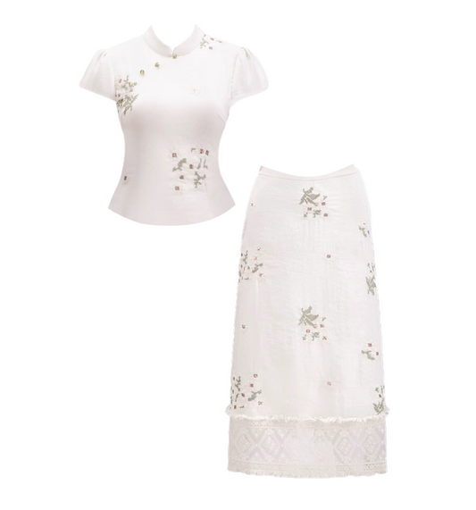 Fabulous Short Sleeve 2-Piece Set Sheath Maxi Skirt Floral Print Mandarin Collar White Long Dress AP4656