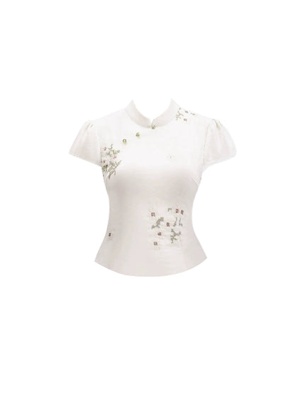 Fabulous Short Sleeve 2-Piece Set Sheath Maxi Skirt Floral Print Mandarin Collar White Long Dress AP4656