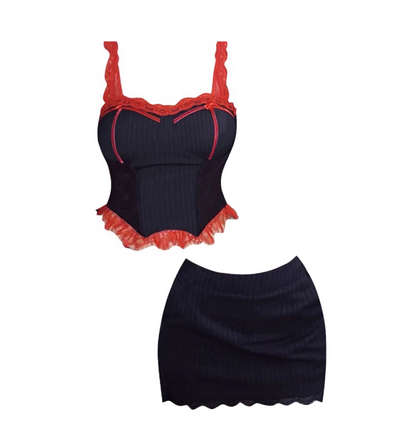 Chic 2-Piece Set Lace Trim Spaghetti Strap Mini Skirt Hottie Ribbed Sleeveless Corset Top Sheath Scalloped Hem Short Dress AP4657
