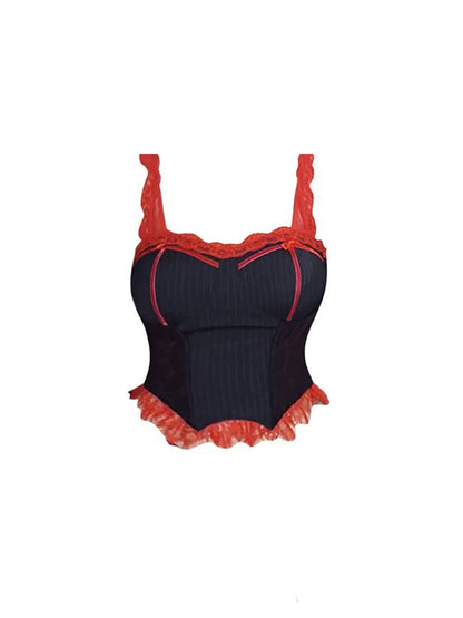 Chic 2-Piece Set Lace Trim Spaghetti Strap Mini Skirt Hottie Ribbed Sleeveless Corset Top Sheath Scalloped Hem Short Dress AP4657