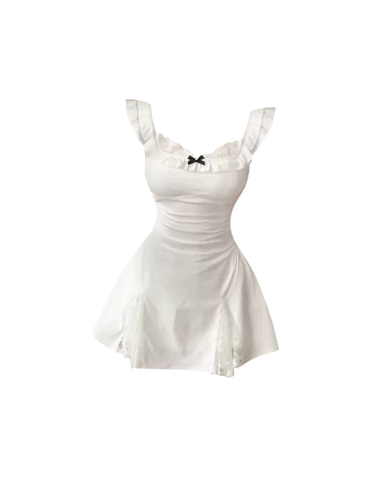 Luxurious Black Bow Lace Trim Sleeveless Social Outings Mini Skirt Sweet Ruffled-Strap White A-Line Short Dress AP4658