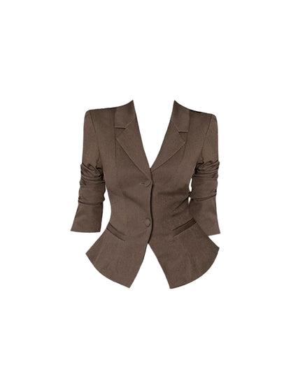 Luxury V Neck Two-Piece Work Days Mini Skirt Fashion Brown Single-Breasted Long Sleeve Blazer Sheath Short Dress AP4659