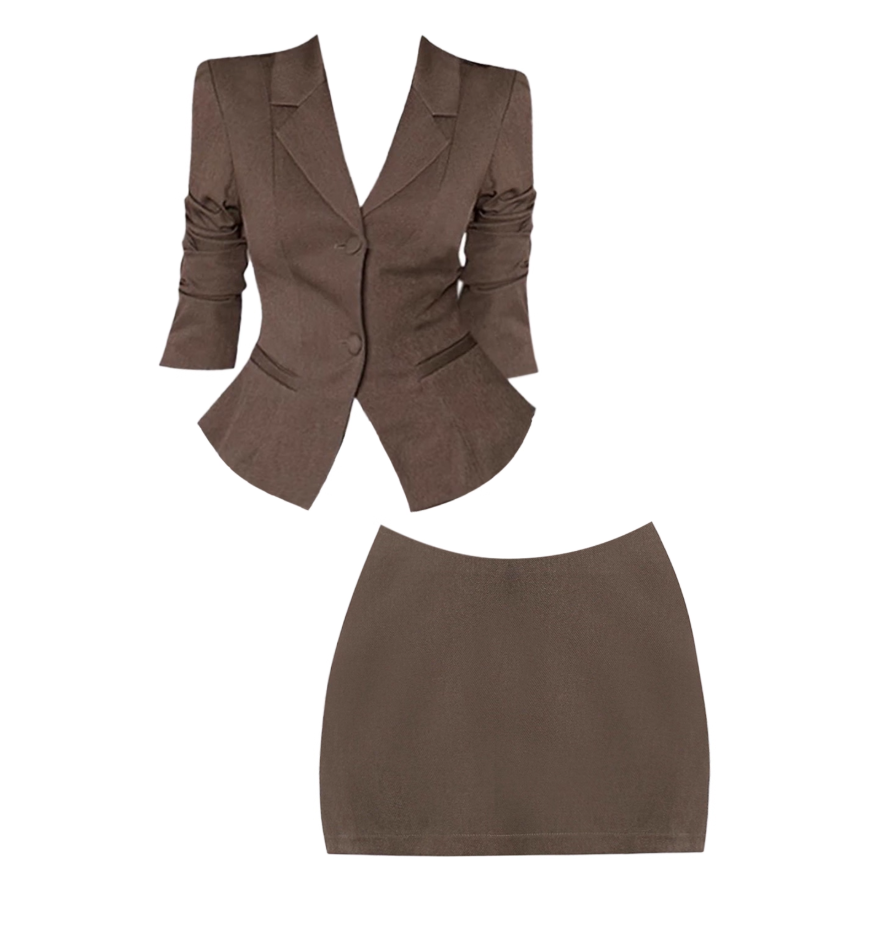 Luxury V Neck Two-Piece Work Days Mini Skirt Fashion Brown Single-Breasted Long Sleeve Blazer Sheath Short Dress AP4659