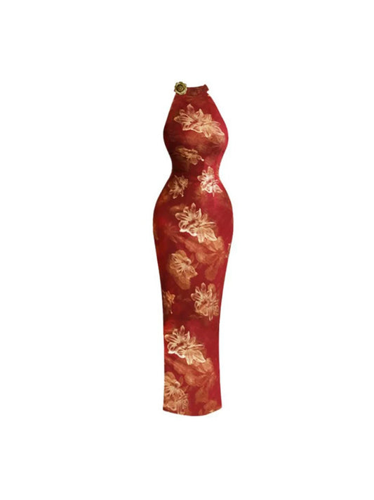 Graceful Halter Neck Sheath Gold Floral Print Maxi Dress Cheongsam-Inspired Sleeveless Red Fitted Long Dress AP4660
