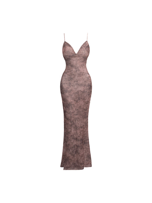 Elegant Sheath Brown Snakeskin-Print Maxi Dress Vintage Casual Gatherings Spaghetti Straps Long Dress AP4661