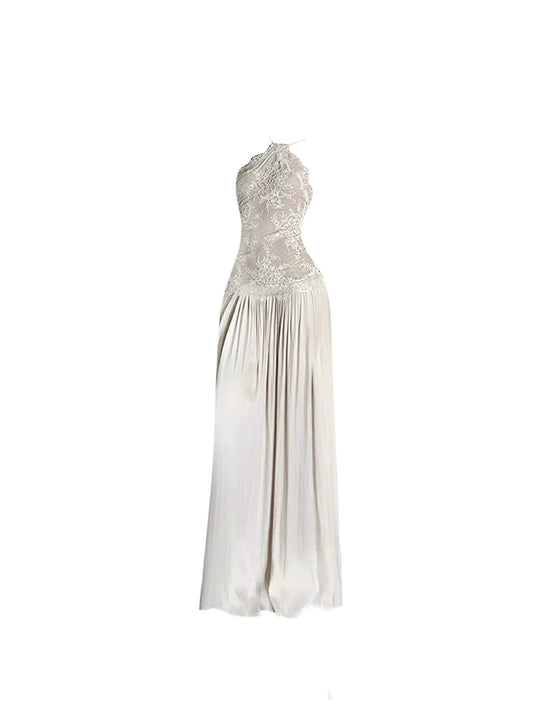 Fantastic Classical Halter Neck Lace Bodice Fitted Maxi Dress Charming A-Line Lightweight  Pleated Long Dress AP4662