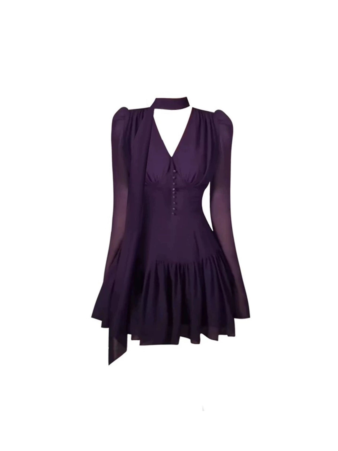 Sweet Ruched Waist V-Neck A-Line Mini Skirt Vintage Button Front Long Sleeve Short Dress AP4663