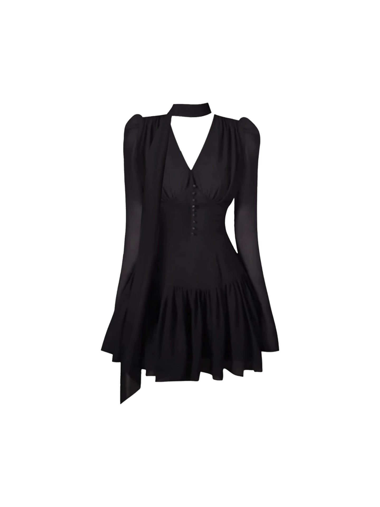 Sweet Ruched Waist V-Neck A-Line Mini Skirt Vintage Button Front Long Sleeve Short Dress AP4663