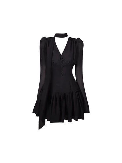 Sweet Ruched Waist V-Neck A-Line Mini Skirt Vintage Button Front Long Sleeve Short Dress AP4663