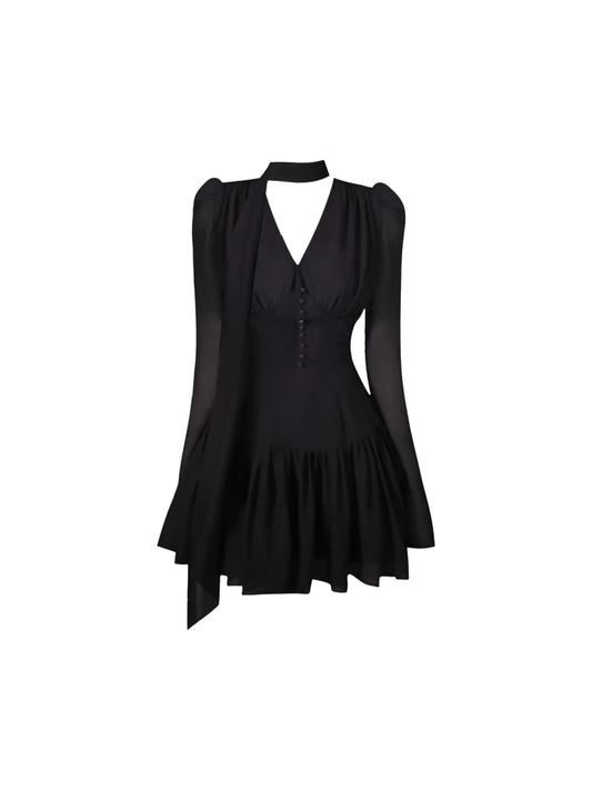 Sweet Ruched Waist V-Neck A-Line Mini Skirt Vintage Button Front Long Sleeve Short Dress AP4663
