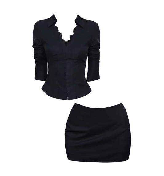 Cute Ruffles Lace Trim Two-Piece Work Days Sheath Mini Skirt Long Sleeve Black V-Neck Short Dress AP4664