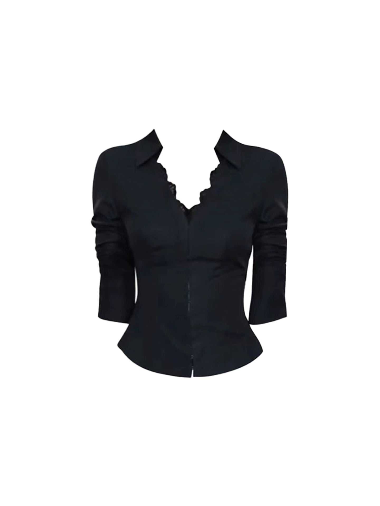 Cute Ruffles Lace Trim Two-Piece Work Days Sheath Mini Skirt Long Sleeve Black V-Neck Short Dress AP4664
