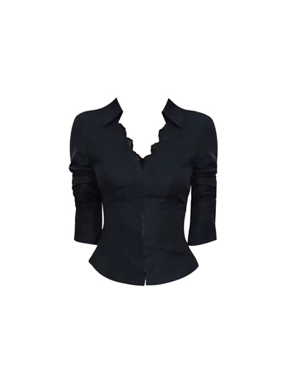 Cute Ruffles Lace Trim Two-Piece Work Days Sheath Mini Skirt Long Sleeve Black V-Neck Short Dress AP4664