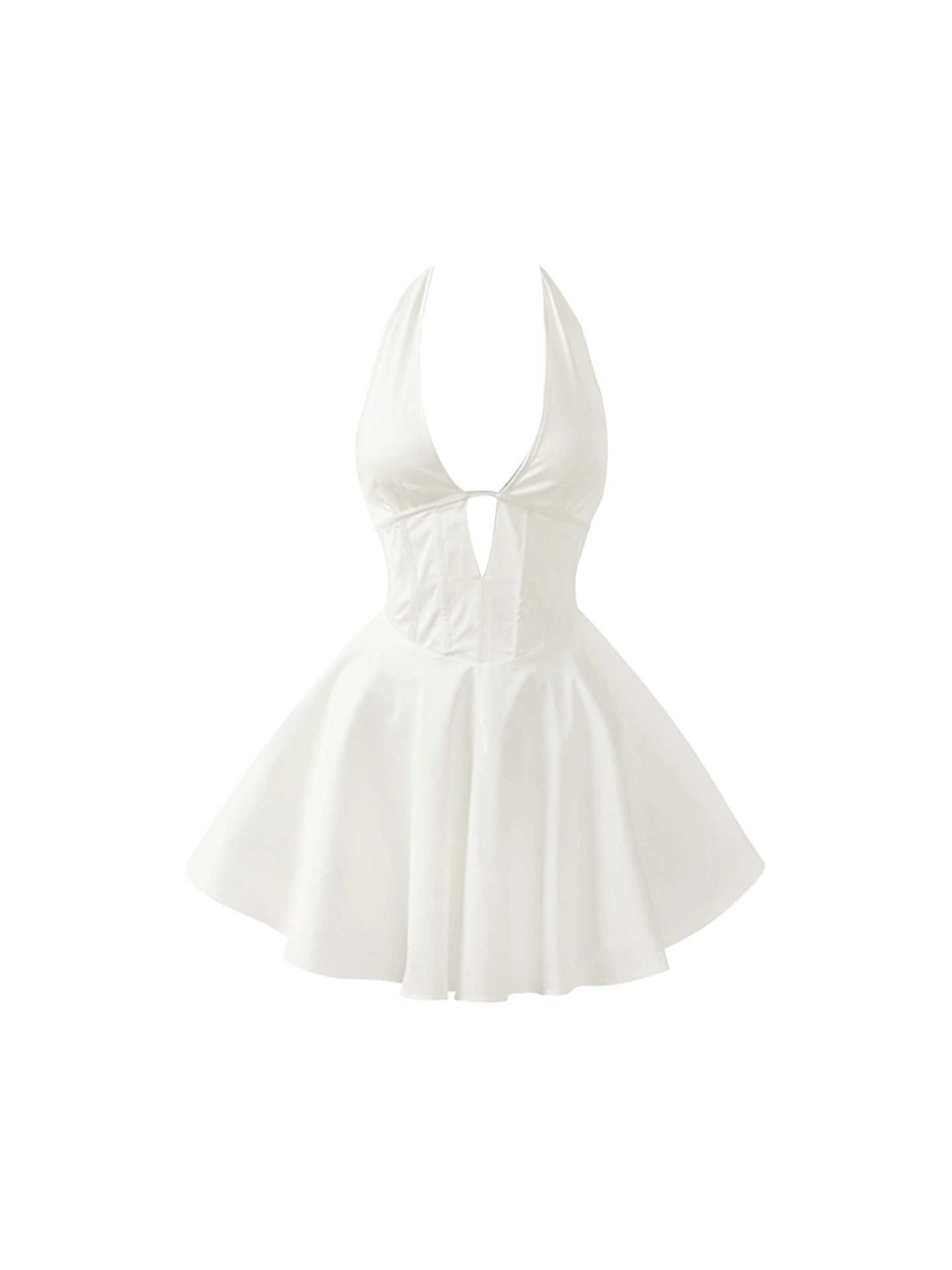Artistic Halter Neck Fitted White Mini Skirt Adorable Waist-Cutout Bodice A-Line Short Dress AP4666