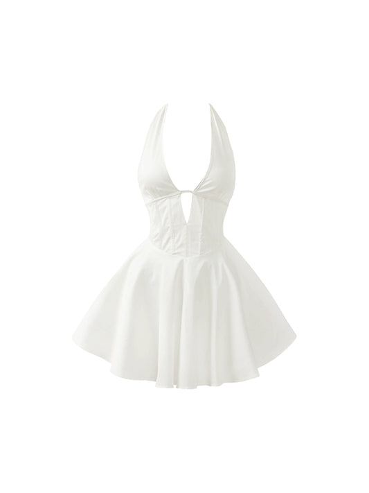Artistic Halter Neck Fitted White Mini Skirt Adorable Waist-Cutout Bodice A-Line Short Dress AP4666