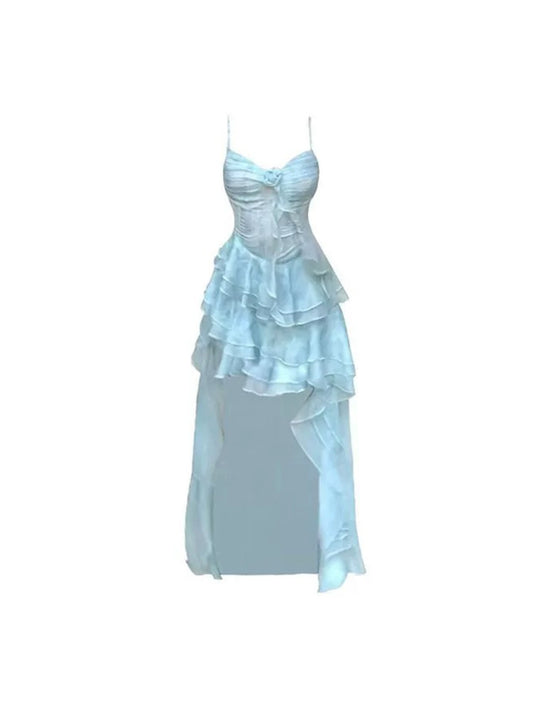 Dreamy Bow-Accent Tiered A-Line Maxi Dress Sweet Light Blue Spaghetti Straps Ruffle Hi-Lo Length Long Dress AP4667