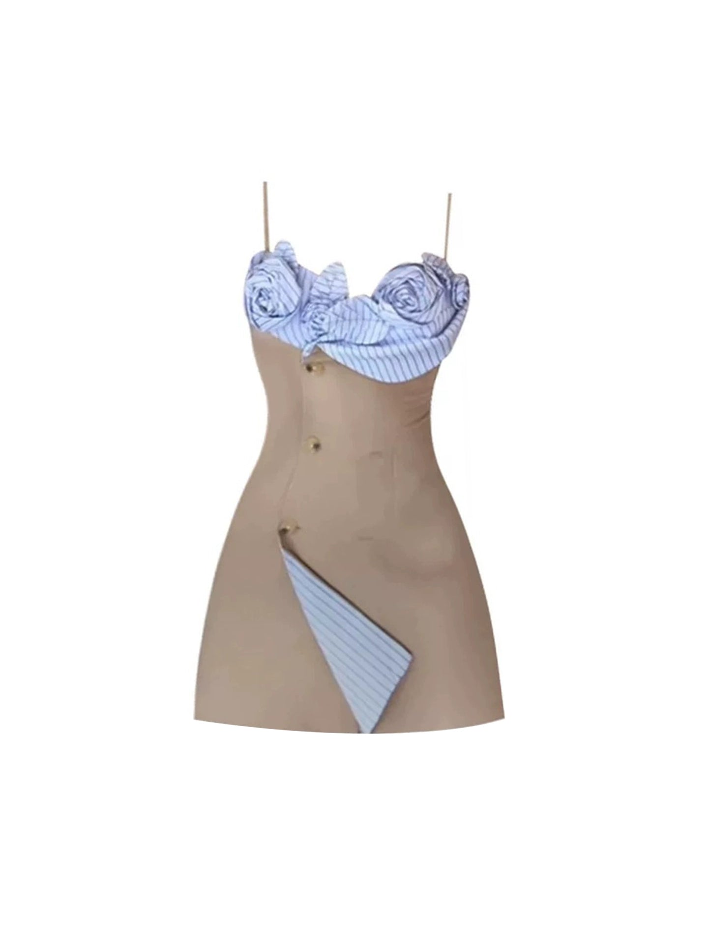 Ethereal Blue-White Stripe Spaghetti Strap Mini Skirt Novelty Side Stripe Accent 3D Rose Bust Sheath Short Dress AP4668
