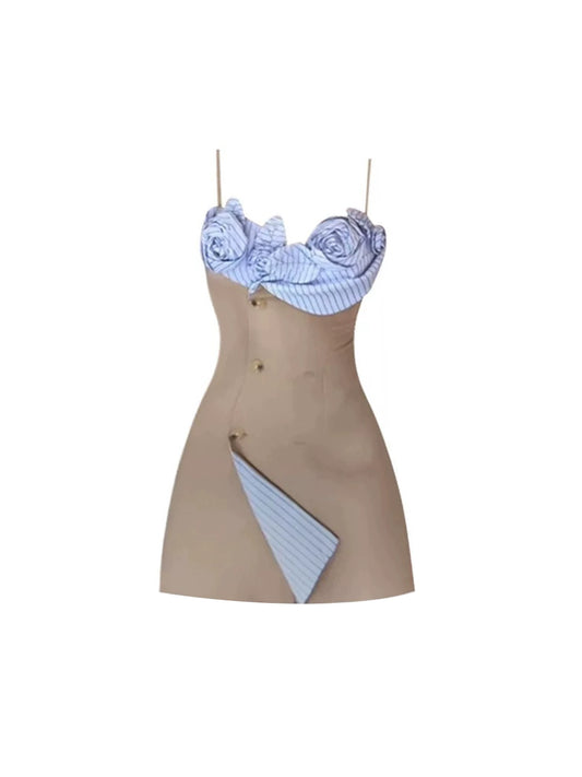 Ethereal Blue-White Stripe Spaghetti Strap Mini Skirt Novelty Side Stripe Accent 3D Rose Bust Sheath Short Dress AP4668