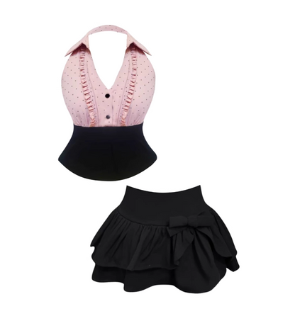 Alluring Halter Neck Pink Sleeveless Black High-Waist Tiered Mini Skirt Sweet Ruffled-Trim Button-Front Blouse A-Line Short Dress AP4669