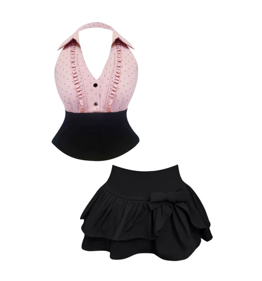 Alluring Halter Neck Pink Sleeveless Black High-Waist Tiered Mini Skirt Sweet Ruffled-Trim Button-Front Blouse A-Line Short Dress AP4669