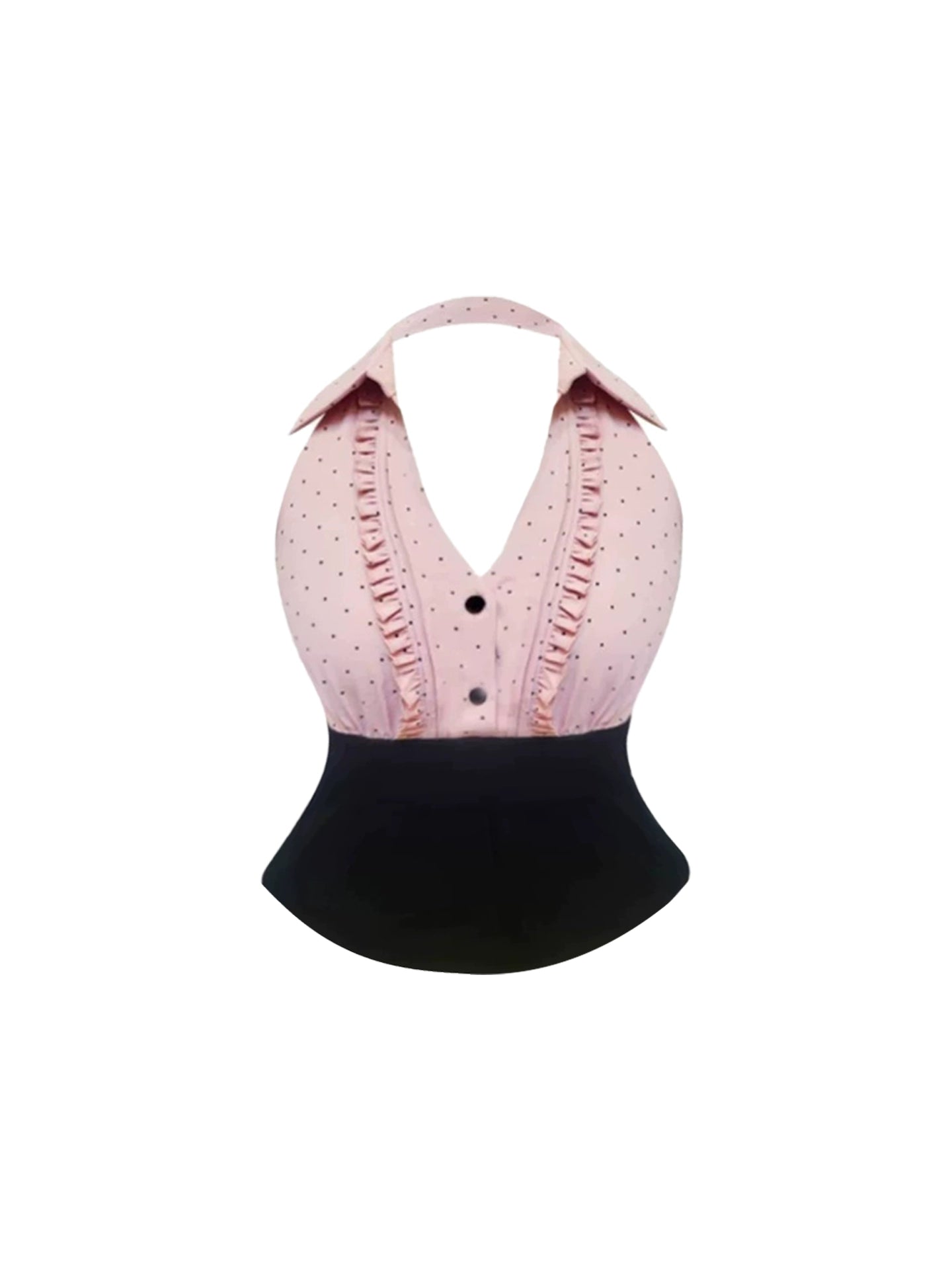 Alluring Halter Neck Pink Sleeveless Black High-Waist Tiered Mini Skirt Sweet Ruffled-Trim Button-Front Blouse A-Line Short Dress AP4669