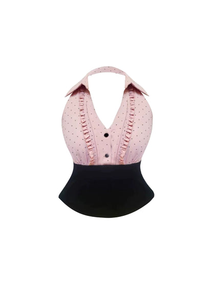 Alluring Halter Neck Pink Sleeveless Black High-Waist Tiered Mini Skirt Sweet Ruffled-Trim Button-Front Blouse A-Line Short Dress AP4669