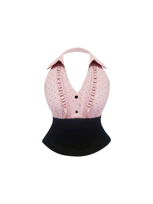 Alluring Halter Neck Pink Sleeveless Black High-Waist Tiered Mini Skirt Sweet Ruffled-Trim Button-Front Blouse A-Line Short Dress AP4669