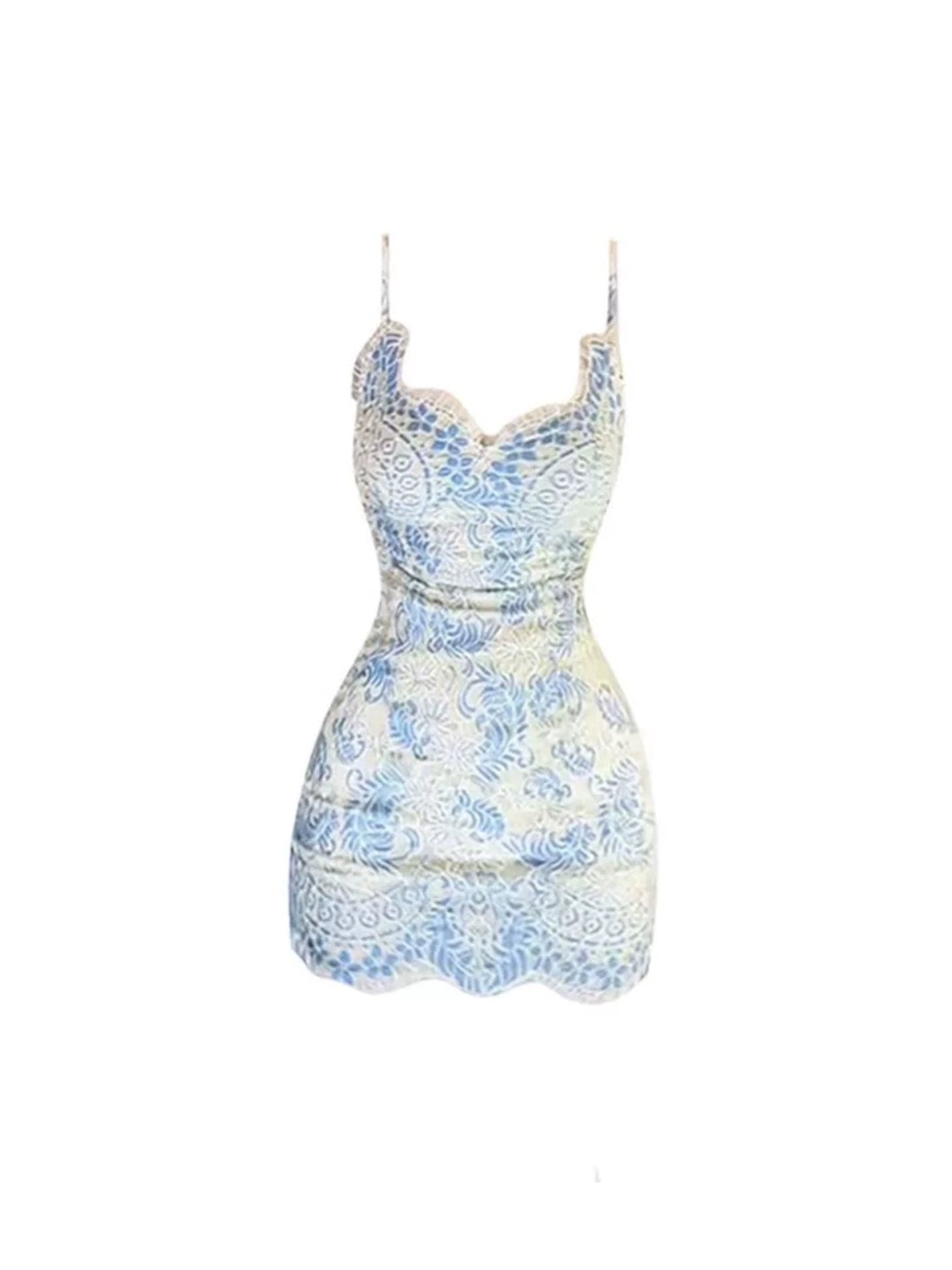 Gorgeous Spaghetti Strap Cream & Blue Floral Lace Mini Skirt Scalloped Hem Sheath Short Dress AP4670