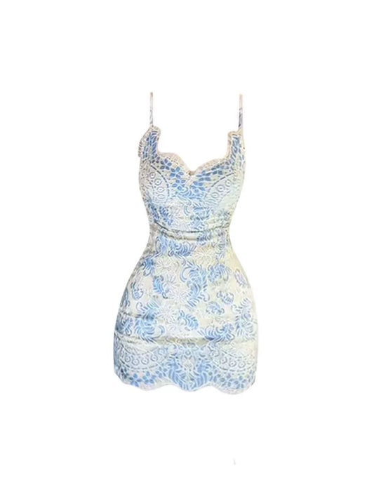 Gorgeous Spaghetti Strap Cream & Blue Floral Lace Mini Skirt Scalloped Hem Sheath Short Dress AP4670