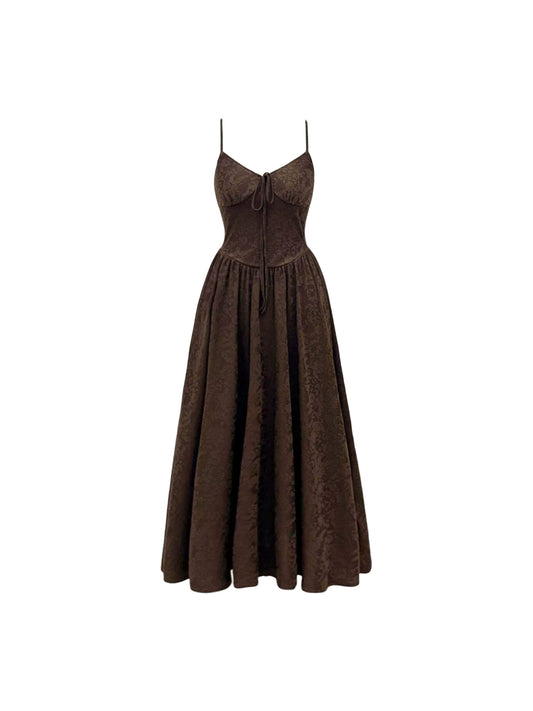 Glamorous Dark Brown Jacquard A-Line Maxi Dress Flowy Spaghetti Straps Tie-Front Fitted Waist Long Dress AP4672