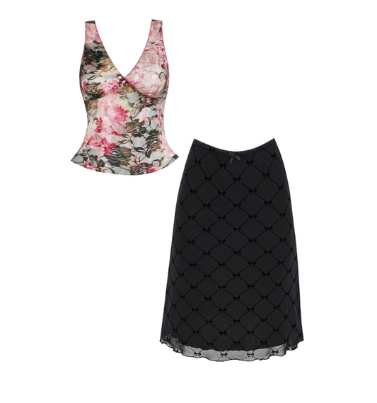 Dramatic Pink-Black Rose Print Sleeveless Sheath Midi Dress Alluring V Neck Crop Top & Black Plaid Lace-Hem Long Dress AP4673