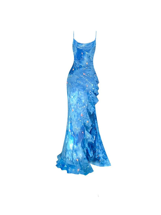 Stunning Tie-Dye Blue Sequin Design Sheath Maxi Dress Dopamine Style Spaghetti Straps High-Slit Ruffled Long Dress AP4674