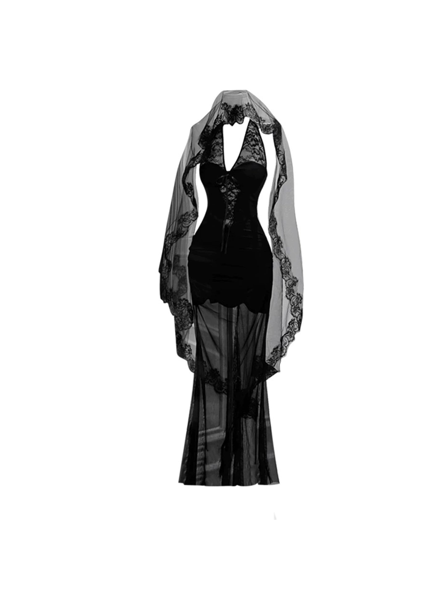 Gothic Style Lace-Accented Fitted Mermaid Maxi Dress Charming Black Splicing Mesh Halter Long Dress AP4675