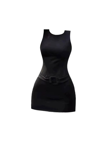 Novelty Sleeveless Jewel Neck Casual Outings Mini Dress Simple Waist Buckle Belt Bodycon Short Dress AP4676