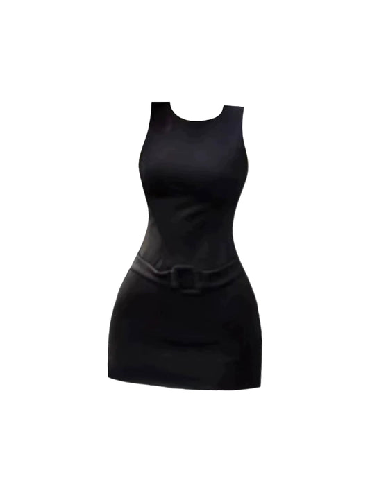 Novelty Sleeveless Jewel Neck Casual Outings Mini Dress Simple Waist Buckle Belt Bodycon Short Dress AP4676