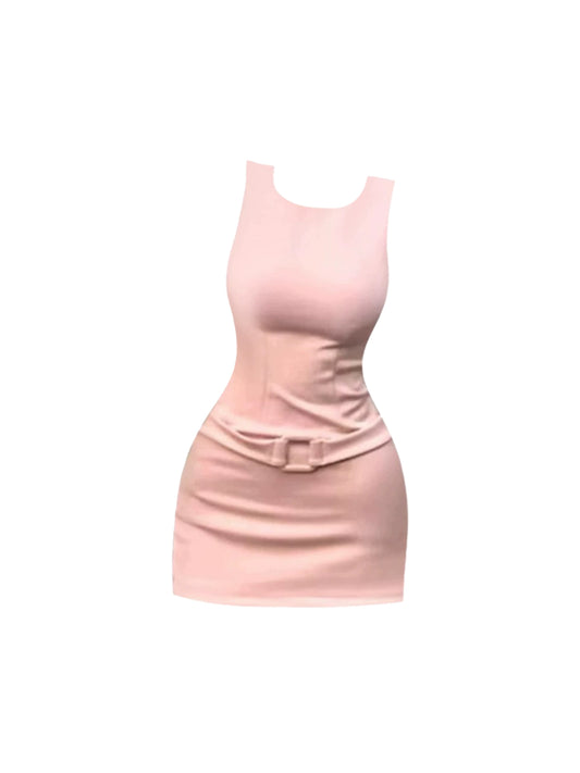 Novelty Sleeveless Jewel Neck Casual Outings Mini Dress Simple Waist Buckle Belt Bodycon Short Dress AP4676
