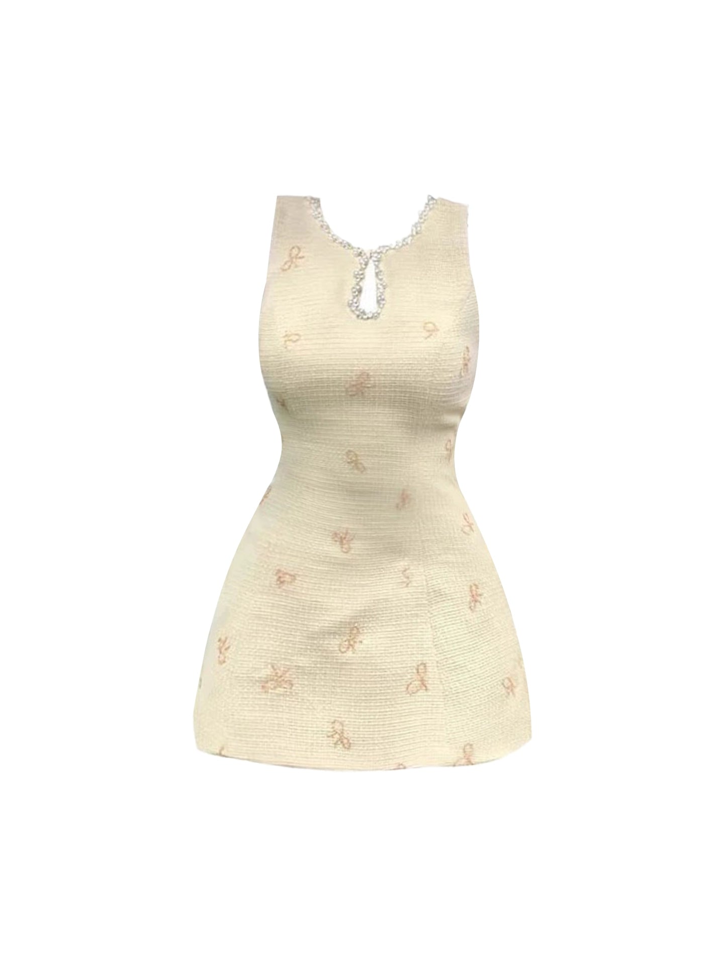 Unique Cream Sleeveless Pearl-Trimmed Jewel Neck Mini Skirt Social Outings A-Line Bow Print Textured Fabric Cutout Short Dress AP4677